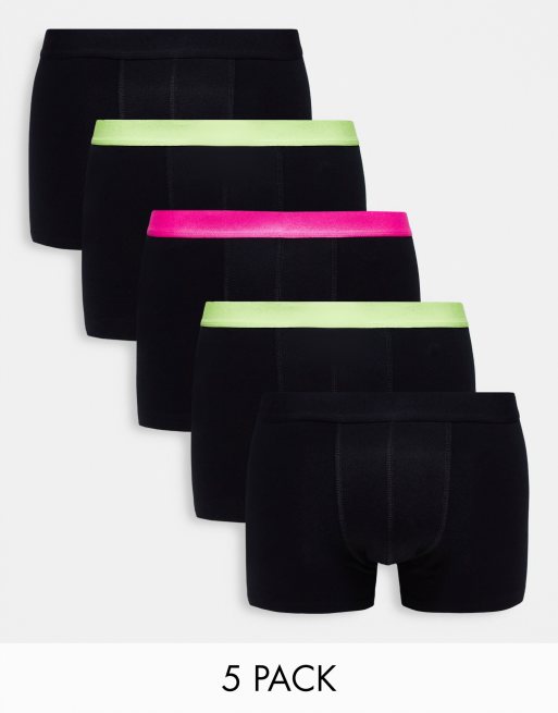 ASOS DESIGN - Confezione da 5 paia di boxer aderenti con elastico in vita rosa acceso e verde