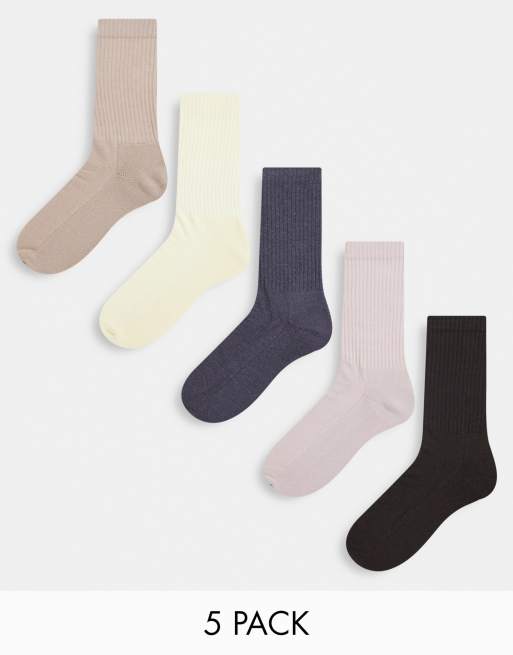 ASOS DESIGN - Confezione da 5 paia di calzini a coste dai colori neutri