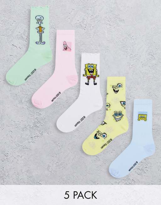 ASOS DESIGN - Confezione da 5 paia di calzini al polpaccio di SpongeBob multicolore