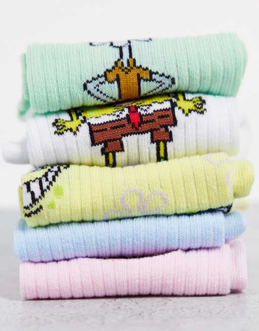 ASOS DESIGN - Confezione da 5 paia di calzini al polpaccio di SpongeBob multicolore, 4 di 4