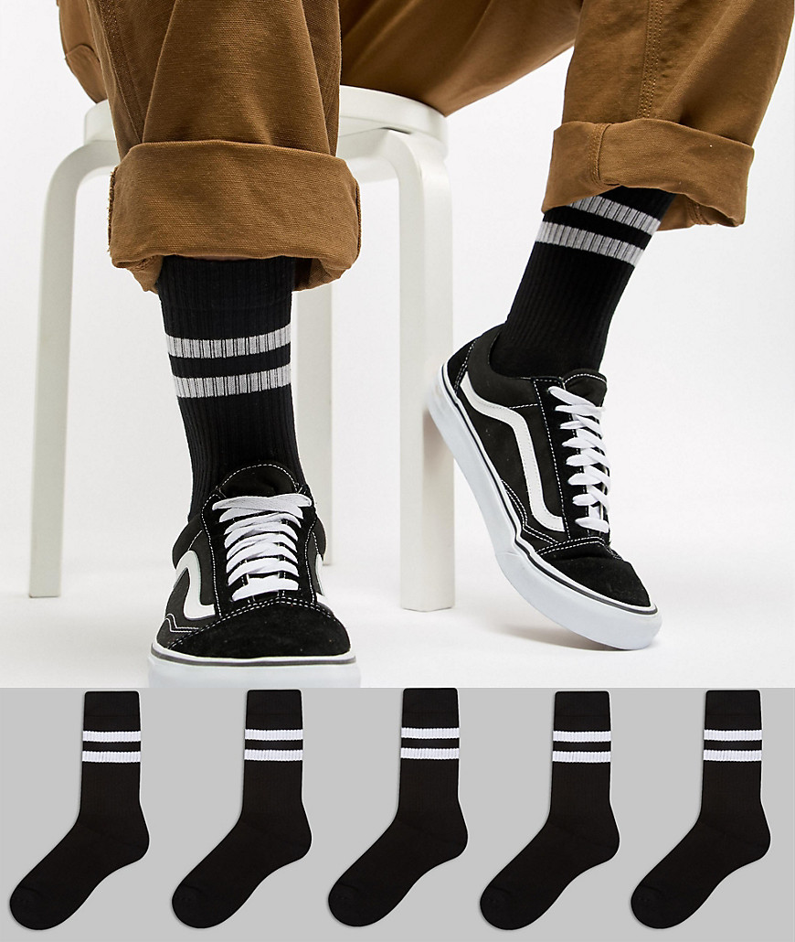 ASOS DESIGN - Confezione da 5 paia di calzini sportivi neri con righe bianche - Risparmia-Nero