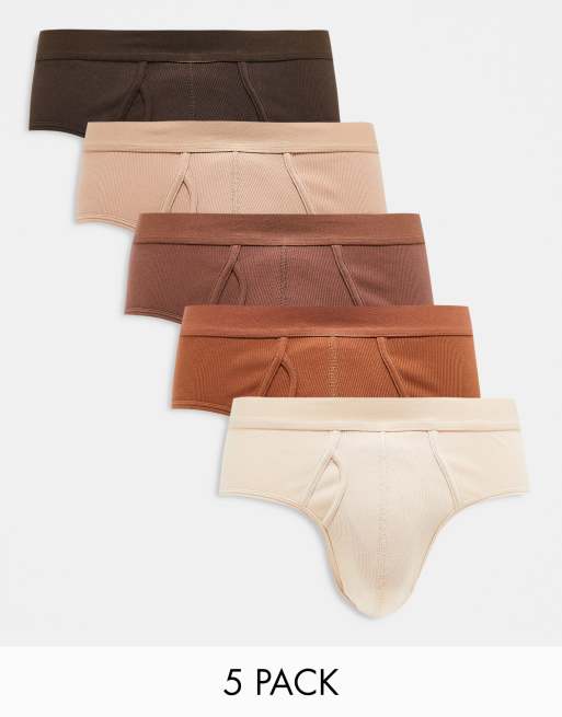 ASOS DESIGN - Confezione da 5 slip in tonalità neutre a coste