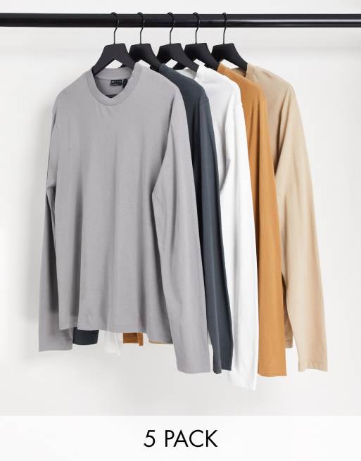 ASOS DESIGN - Confezione da 5 T-shirt a maniche lunghe girocollo in colorazioni multiple