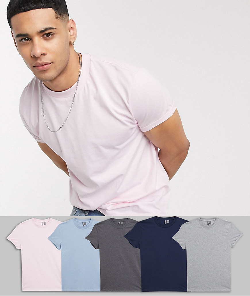 ASOS DESIGN - Confezione da 5 T-shirt con maniche con risvolto - Risparmia-Multicolore