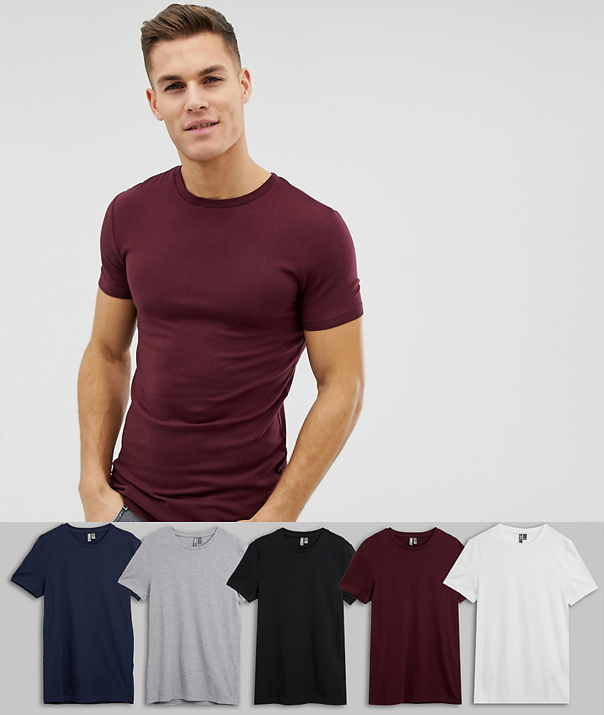 ASOS DESIGN - Confezione da 5 T-shirt girocollo attillate - Risparmia-Multicolore