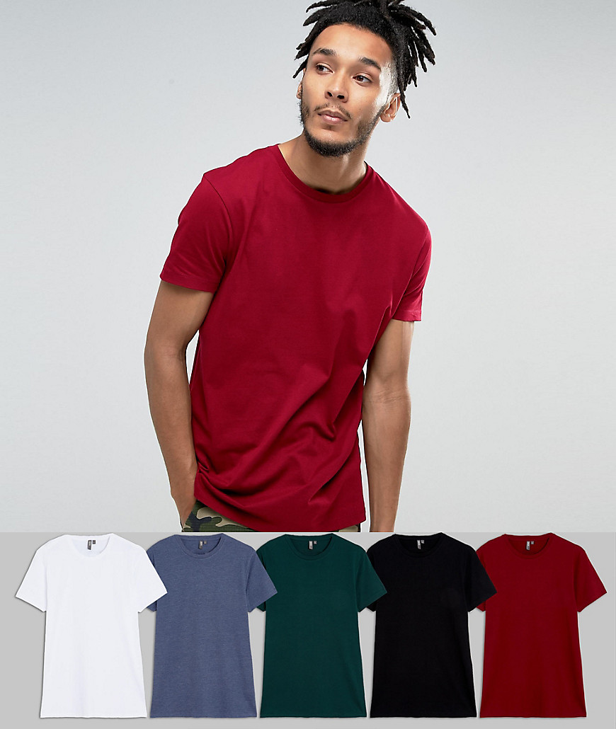 ASOS DESIGN - Confezione da 5 T-shirt lunghe girocollo - Risparmia-Multicolore