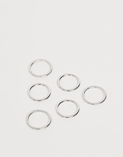 ASOS DESIGN - Confezione da  6 anelli argento con finitura liscia e zigrinata