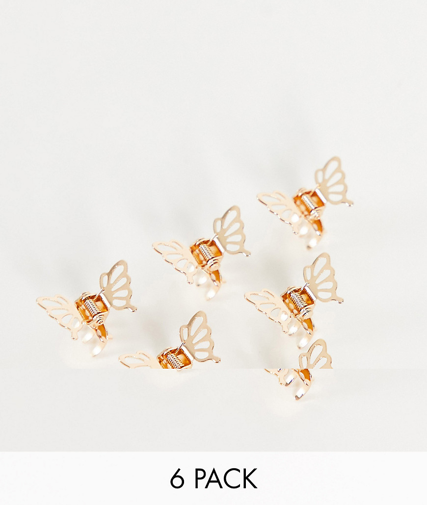 ASOS DESIGN - Confezione da 6 fermagli piccoli a farfalla-Oro