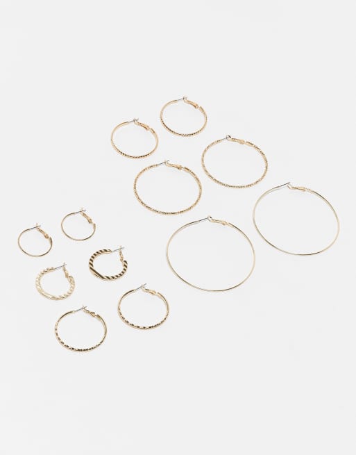 ASOS DESIGN - Confezione da 6 paia di orecchini a cerchio sottili color oro zigrinati