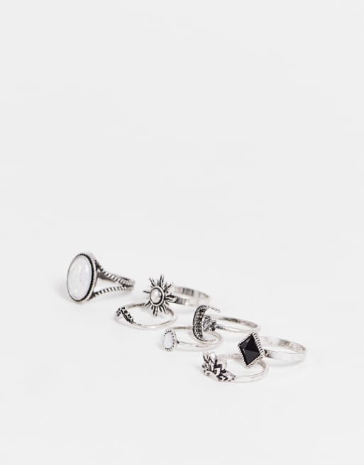 ASOS DESIGN - Confezione da 7 anelli misti color argento in stile anni '90