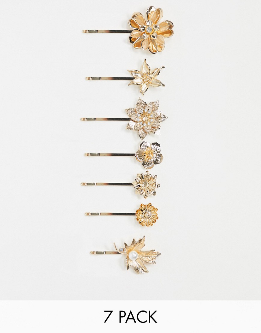 ASOS DESIGN - Confezione da 7 fermagli per capelli con foglie e fiori misti oro