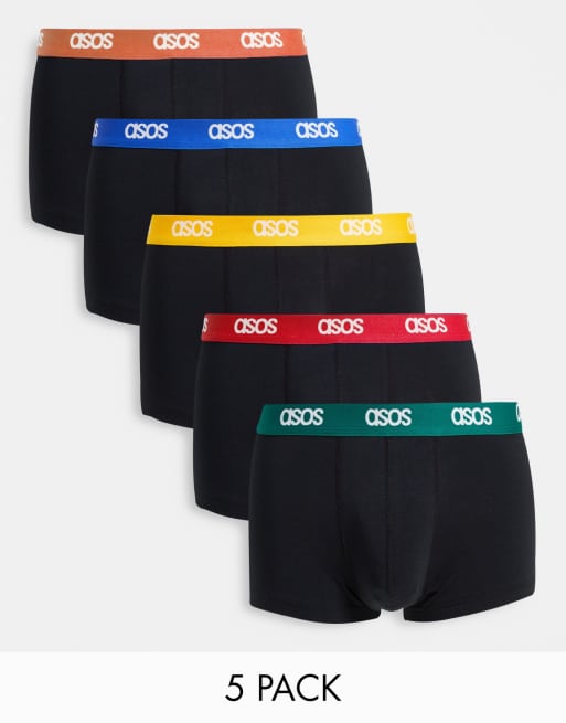 ASOS DESIGN - Confezione da cinque boxer aderenti neri con fascia in vita a contrasto