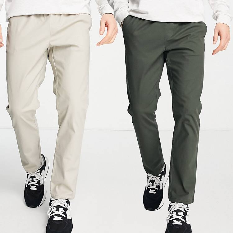 Asos Uomo Abbigliamento Pantaloni e jeans Pantaloni Pantaloni chinos Confezione da due chino slim con vita elasticizzata in verde scuro e beige 