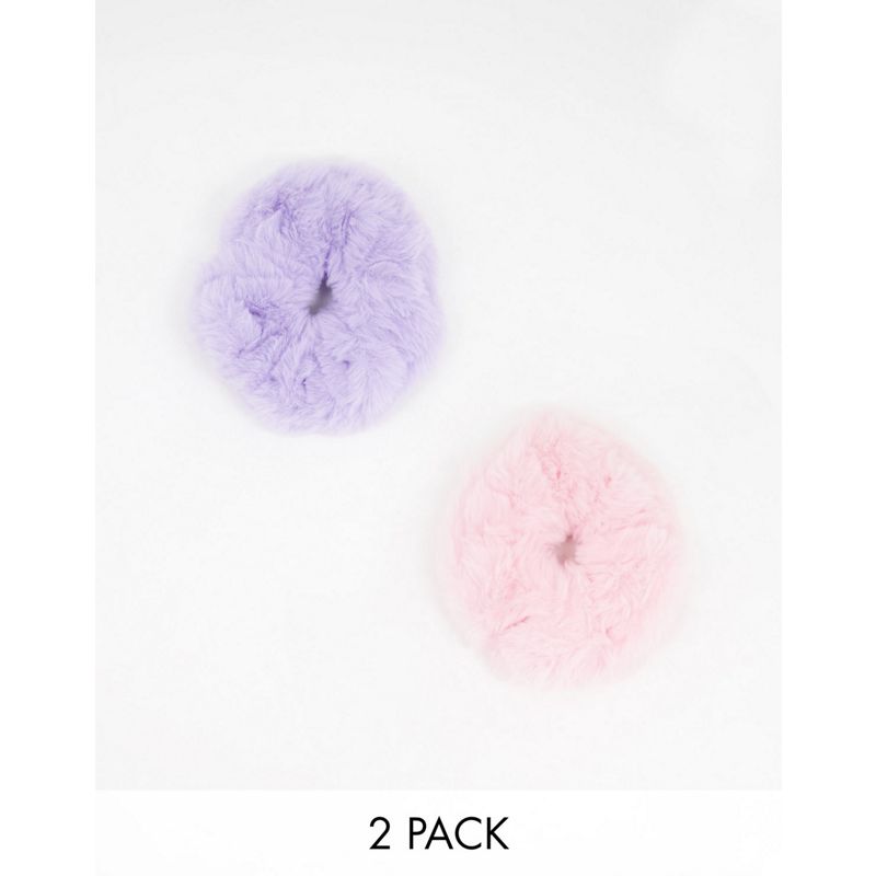 DESIGN - Confezione da due elastici per capelli in pelliccia sintetica rosa pastello e viola