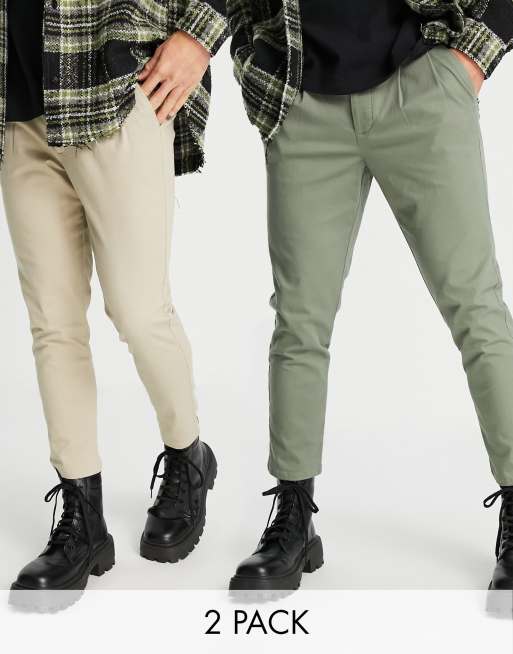 ASOS DESIGN - Confezione da due paia di chino a sigaretta, colore beige e kaki - Risparmia