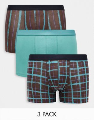 ASOS DESIGN 3 pack jersey trunks in green stripe and check - ASOS Price Checker