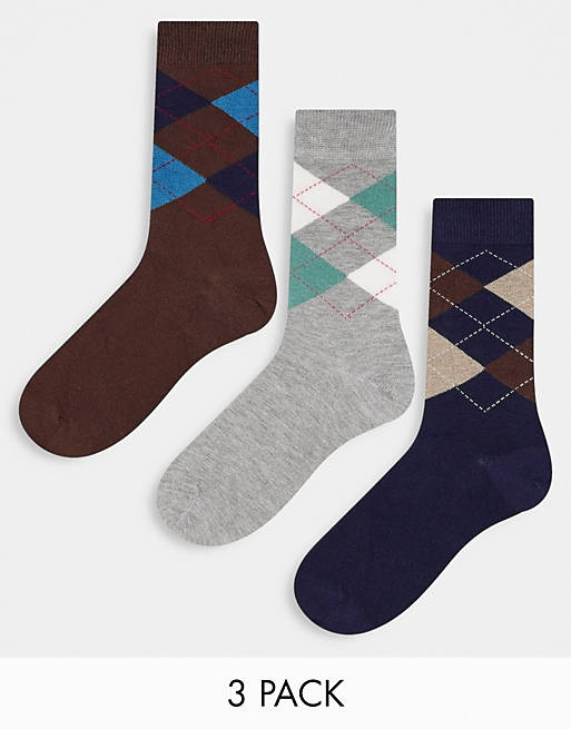 ASOS DESIGN - Confezione da tre paia di calzini alla caviglia a rombi, colore grigio