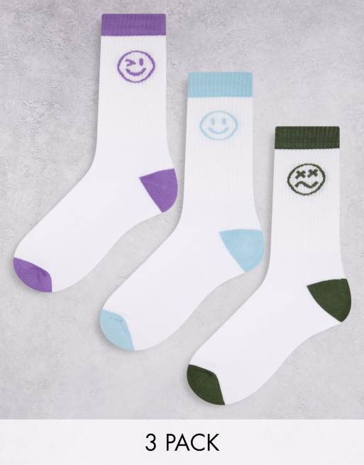 ASOS DESIGN - Confezione da tre paia di calzini sportivi con faccina sorridente