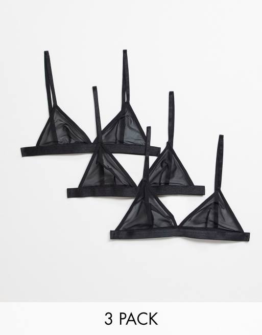 ASOS DESIGN - Confezione da tre reggiseni a triangolo in rete colore nero