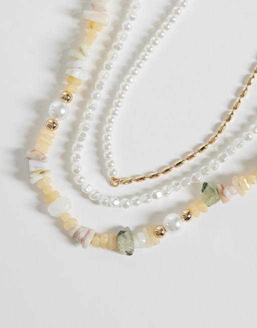 ASOS DESIGN - Confezione di 3 collane color argento con perle e pietre scheggiate, 3 di 3