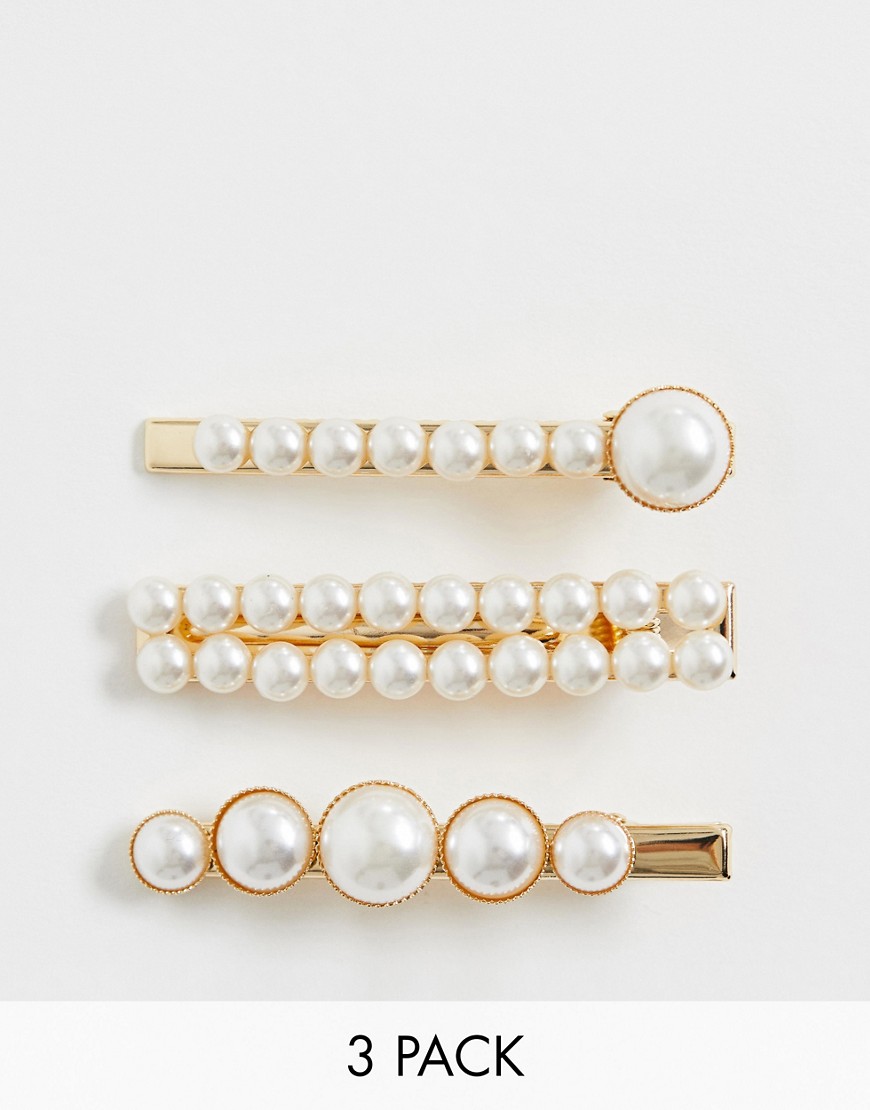 ASOS DESIGN - Confezione di 3 fermagli per capelli con forme miste e perle-Oro