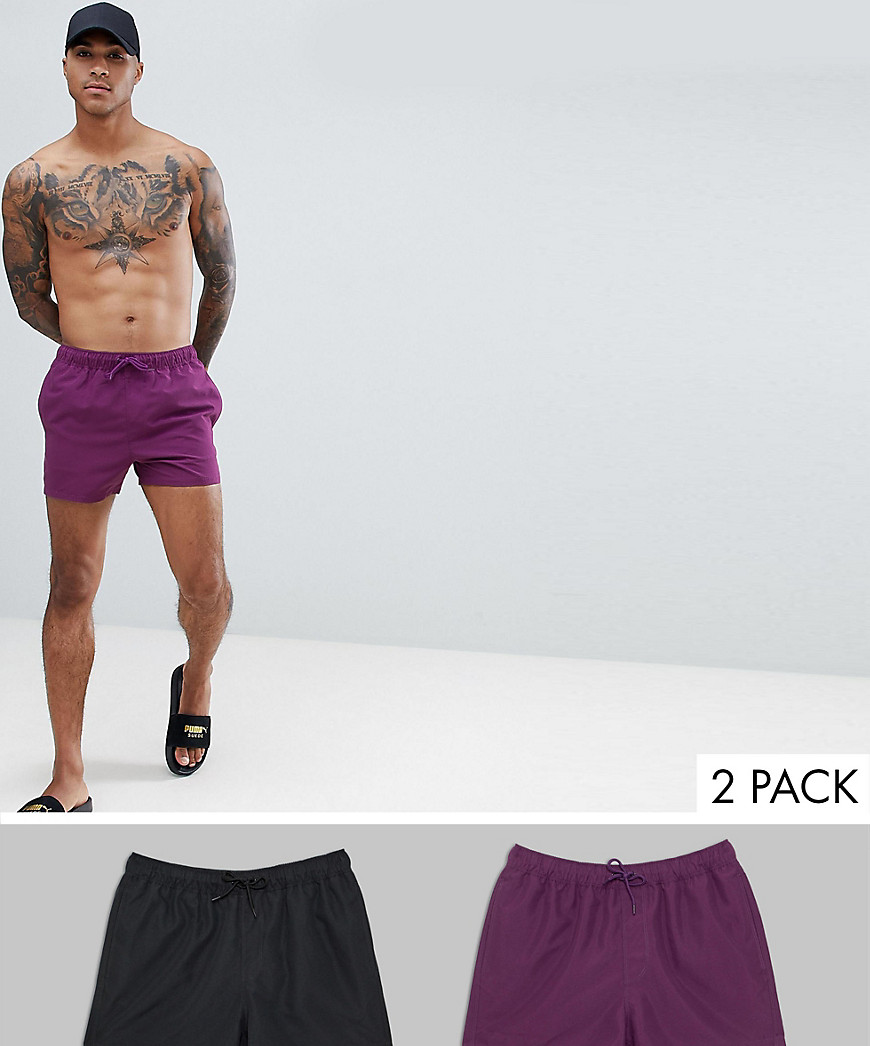 ASOS DESIGN - Confezione multipack da 2 pantaloncini da bagno corti nero e viola - Risparmia-Multicolore