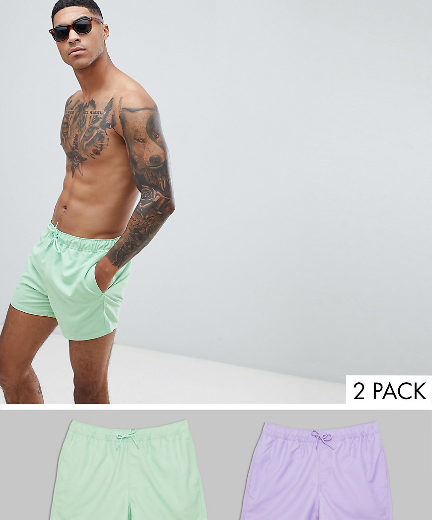 ASOS DESIGN - Confezione multipack da 2 pantaloncini da bagno corti verde e viola - Risparmia-Multicolore