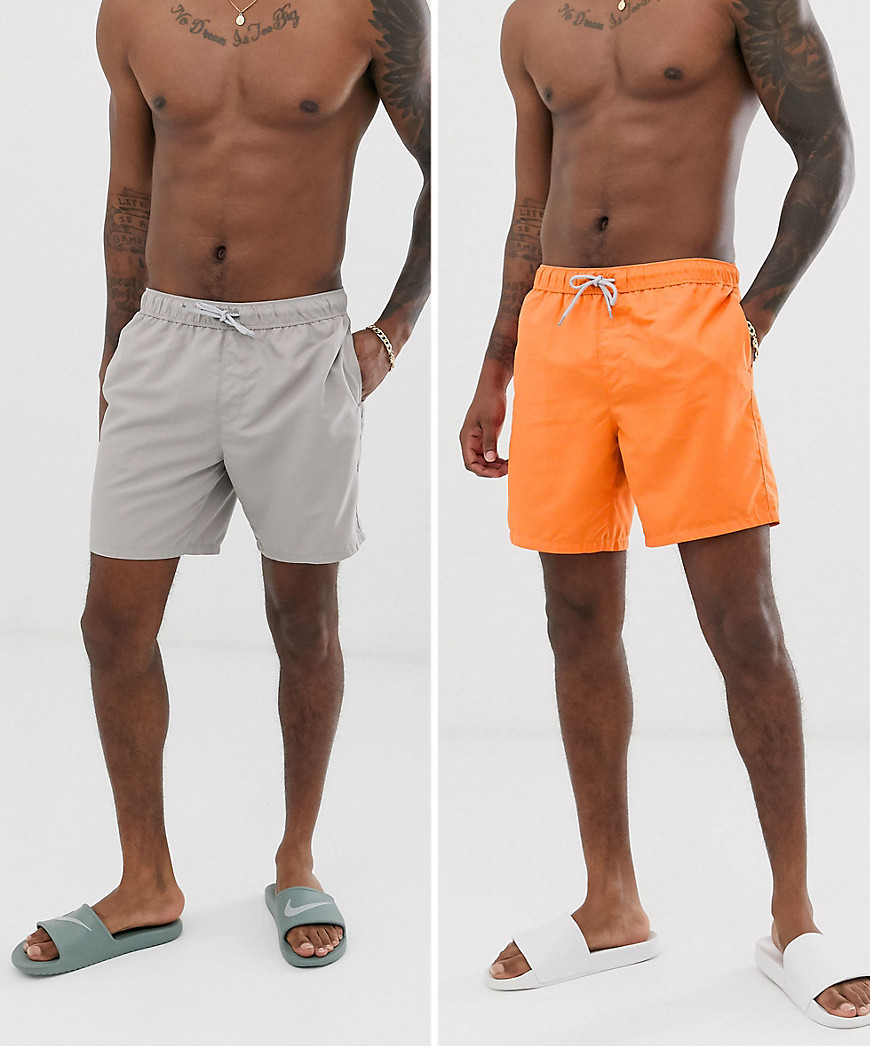 ASOS DESIGN - Confezione multipack da 2 pantaloncini da bagno medi grigi e arancioni - Risparmia-Multicolore