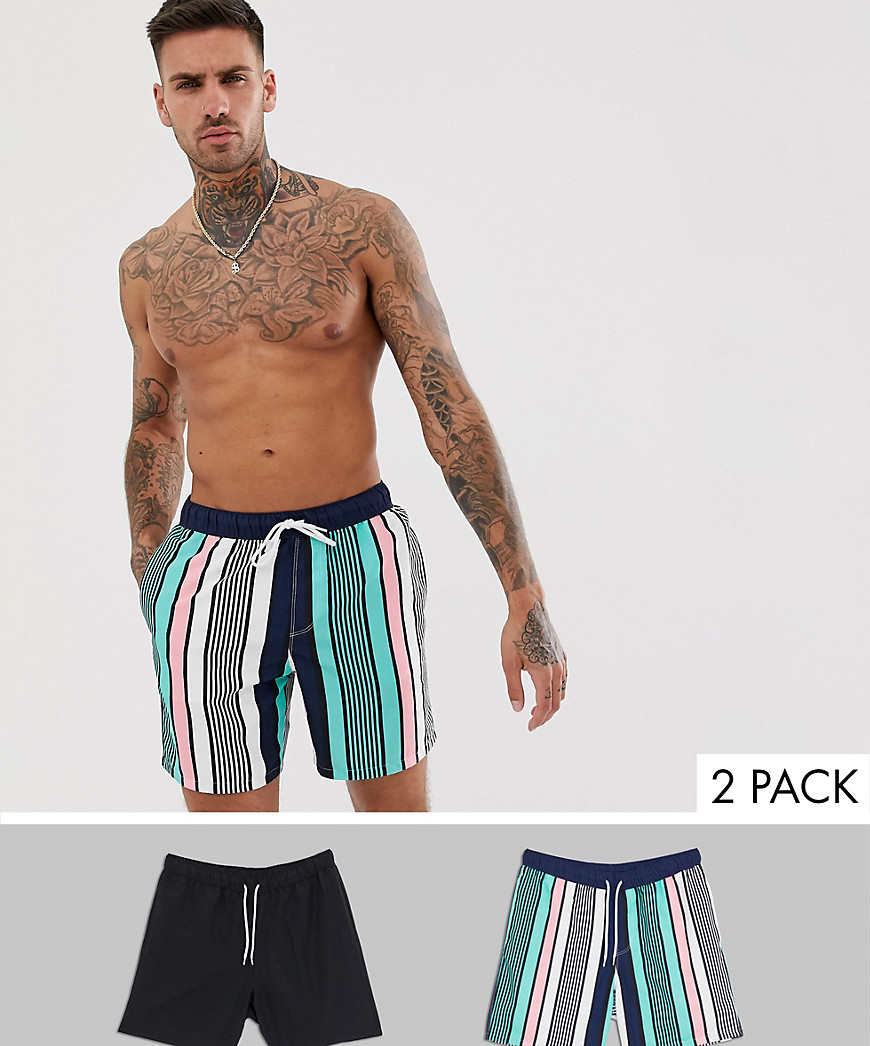ASOS DESIGN - Confezione multipack da 2 pantaloncini da bagno media lunghezza a righe e neri - Risparmia-Multicolore