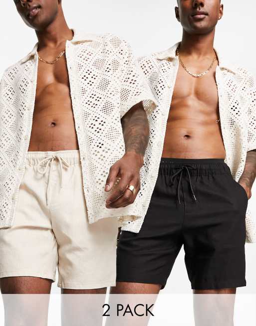 ASOS DESIGN - Confezione multipack da 2 pantaloncini in misto lino slim beige e neri lunghezza media - Risparmia 