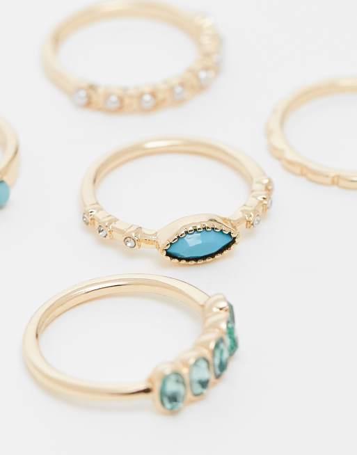 ASOS DESIGN - Confezione multipack di anelli dorati con pietre blu e perle sintetiche, 3 di 3