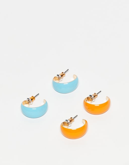 ASOS DESIGN - Confezione multipack di orecchini a cerchio piccoli con smalto color arancione e blu