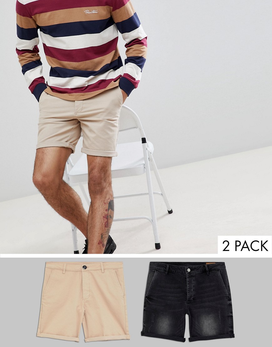 ASOS DESIGN - Confezione multipack pantaloncini di jeans slim nero délavé e chino corti grigio pietra - Risparmia-Multicolore