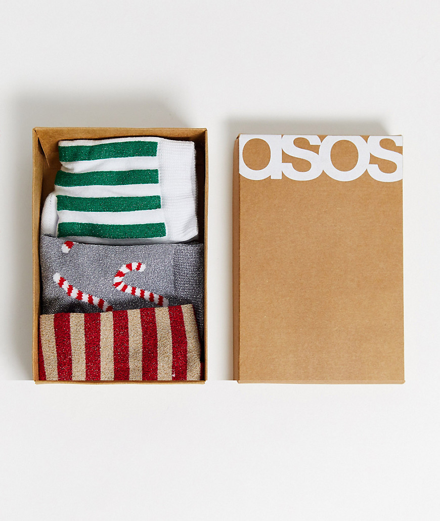 ASOS DESIGN - Confezione regalo da 3 calzini con bastoncini di zucchero natalizi e glitter-Multicolore