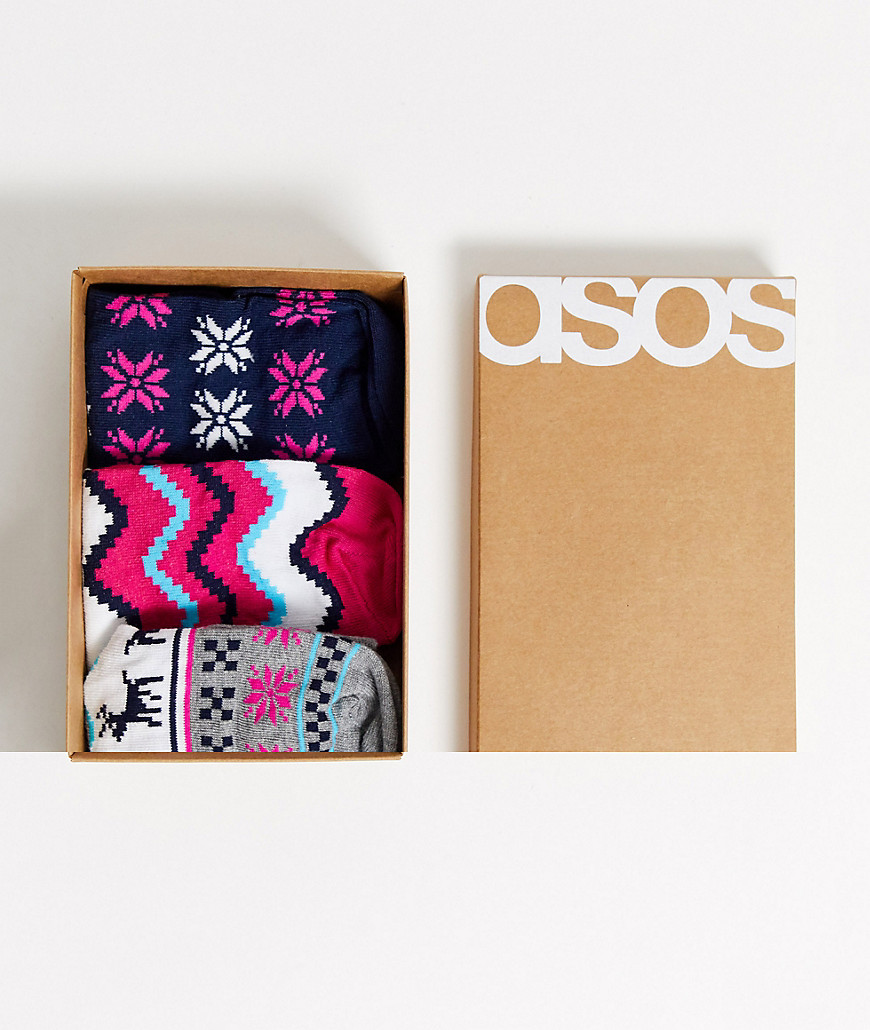 ASOS DESIGN - Confezione regalo in materiale riciclato da 3 paia di calzini natalizi Fair Isle-Multicolore