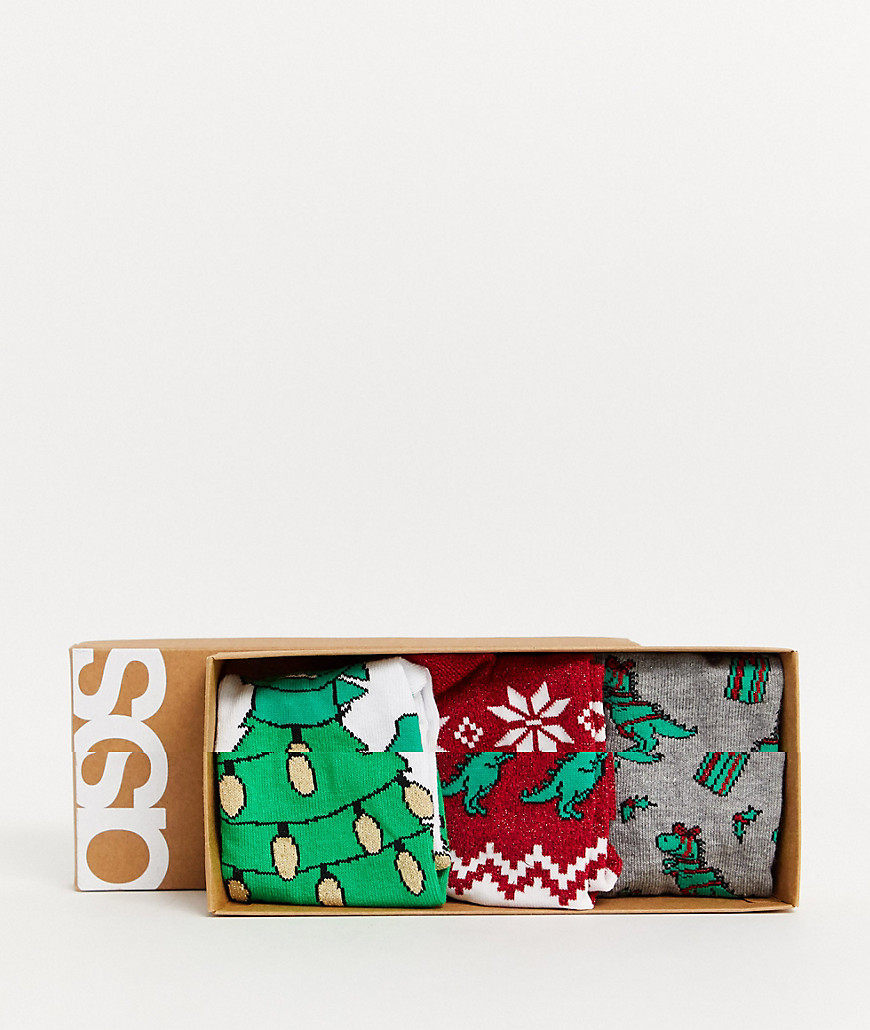 ASOS DESIGN - Confezione regalo riciclata da 3 paia di calzini natalizi con dinosauri-Multicolore