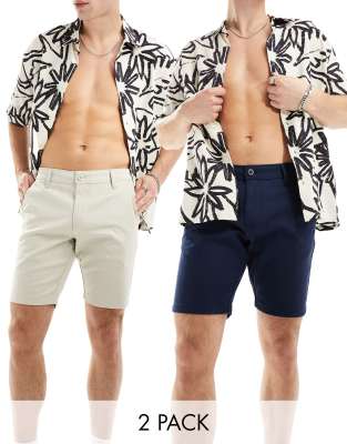 ASOS DESIGN - Confezione risparmio da 2 chino corti skinny color blu navy e grigio pietra