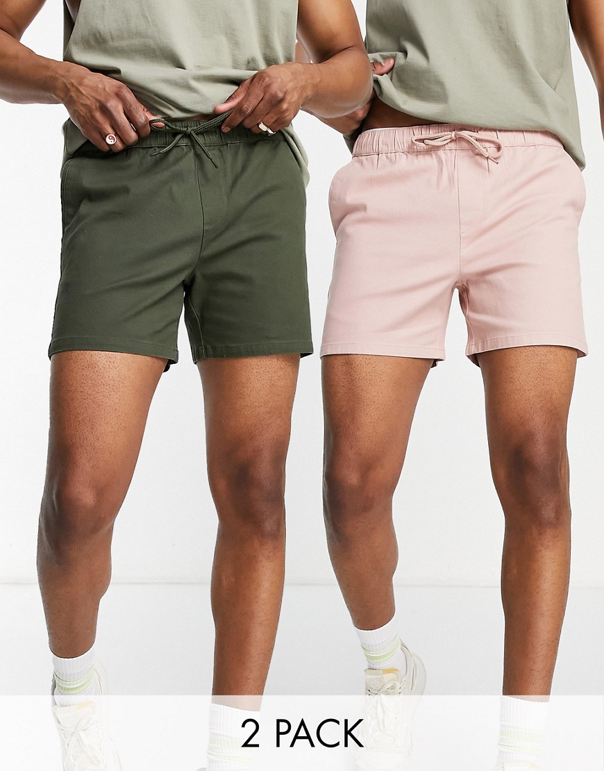 Confezione risparmio da 2 paia di chino corti slim rosa e verde scuro con girovita elasticizzato - MULTI-Multicolore - ASOS DESIGN  uomo Multicolore