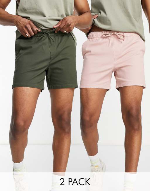 ASOS DESIGN - Confezione risparmio da 2 pantaloncini chino slim taglio corto con vita elasticizzata rosa e verde scuro 