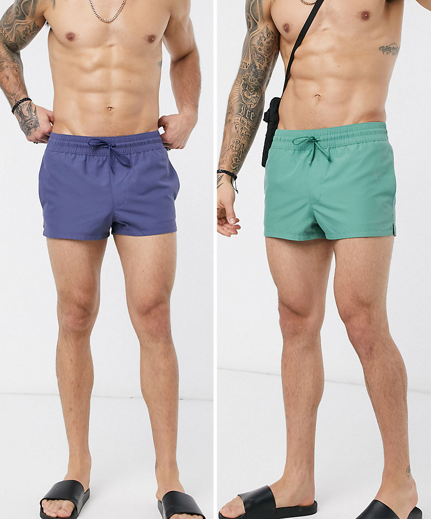 ASOS DESIGN - Confezione risparmio da 2 pantaloncini da bagno molto corti verde e blu indaco-Multicolore
