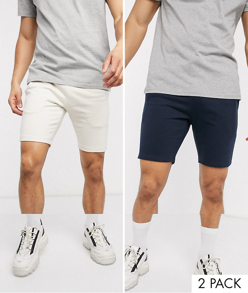 ASOS DESIGN - Confezione risparmio da 2 pantaloncini skinny in jersey beige/blu navy-Multicolore