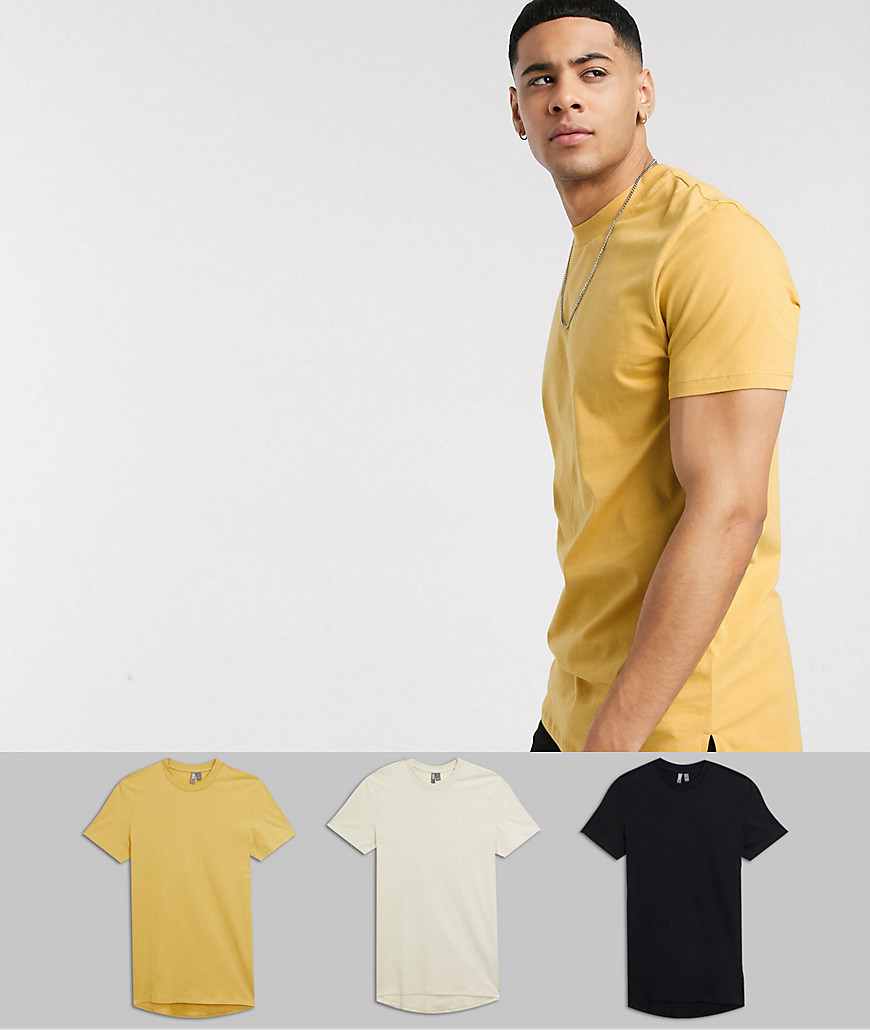 ASOS DESIGN - Confezione risparmio da 3 T-shirt lunghe con spacchi laterali-Multicolore