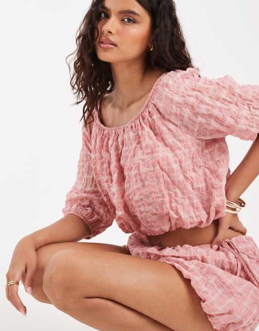 ASOS DESIGN - Conjunto a cuadros rosas de top abullonado con acabado de hilos teñidos, 3 de 3