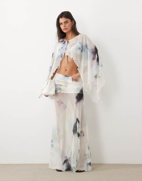 ASOS DESIGN - Conjunto azul de falda larga con estampado floral de malla - view 1