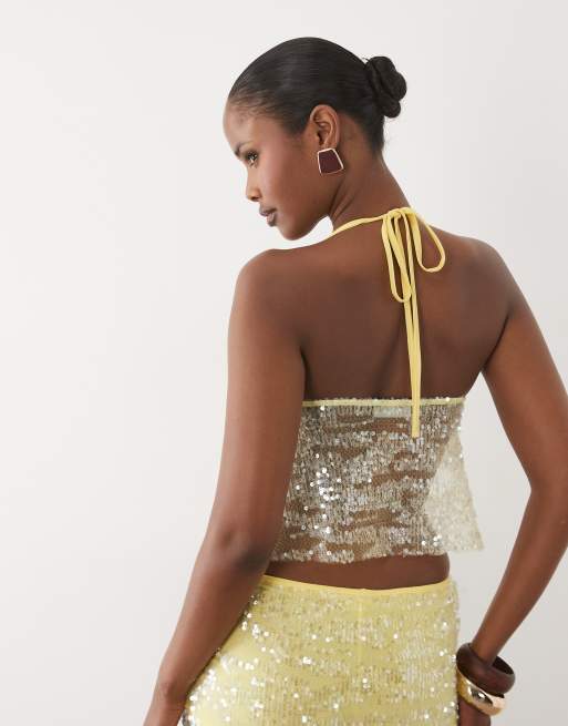 ASOS DESIGN - conjunto con detalle de lentejuelas top lencero amarillo, 4 de 4