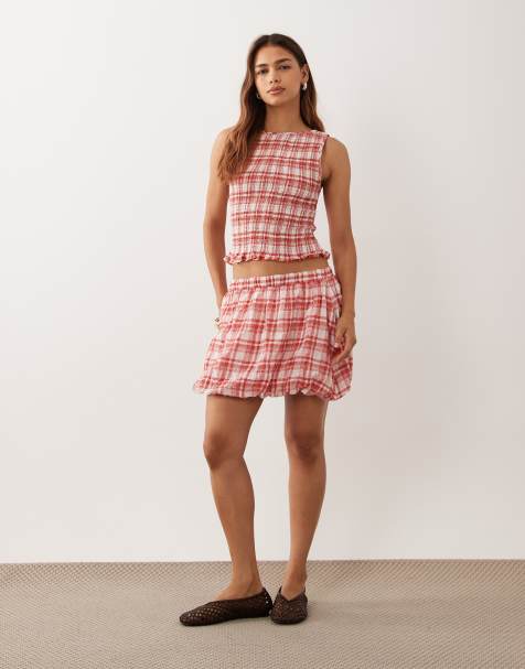 ASOS DESIGN - conjunto con falda globo a cuadros vichy roja - view 1