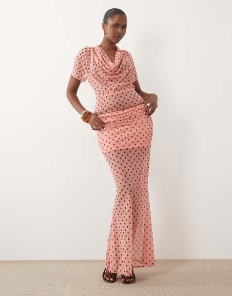 ASOS DESIGN - Conjunto coral con estampado geométrico de top y falda larga de malla - view 1