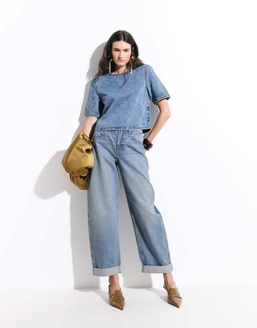 ASOS DESIGN - conjunto de camiseta de denim con hombreras en azul medio, 2 de 7