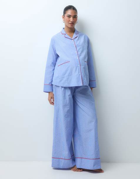 ASOS DESIGN conjunto de pijama premamá de camisa de manga larga y pantalón de pernera ancha de algodón tejido a rayas azules - view 1