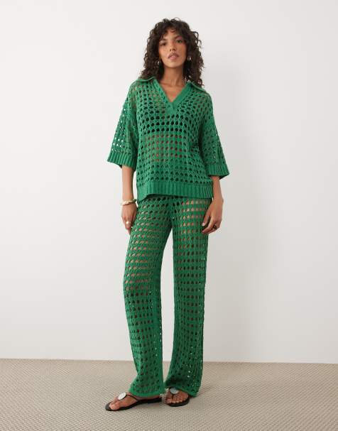 ASOS DESIGN - Conjunto verde de pantalones de pernera ancha y top de manga corta con solapas - view 1
